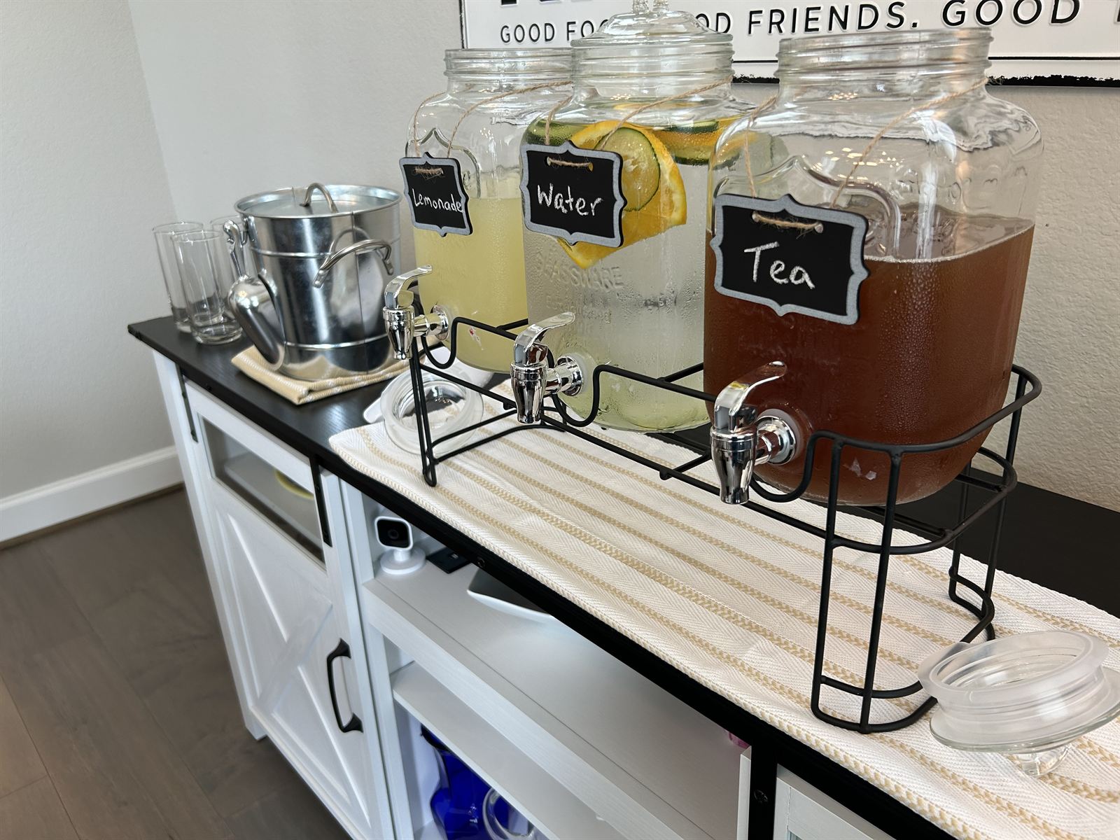 Beverage station — lemonade, water, and tea
